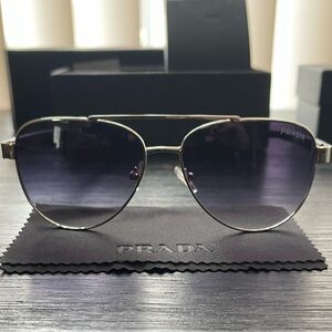Prada Silver Aviator Sunglasses with Dark Blue and Purple Lenses